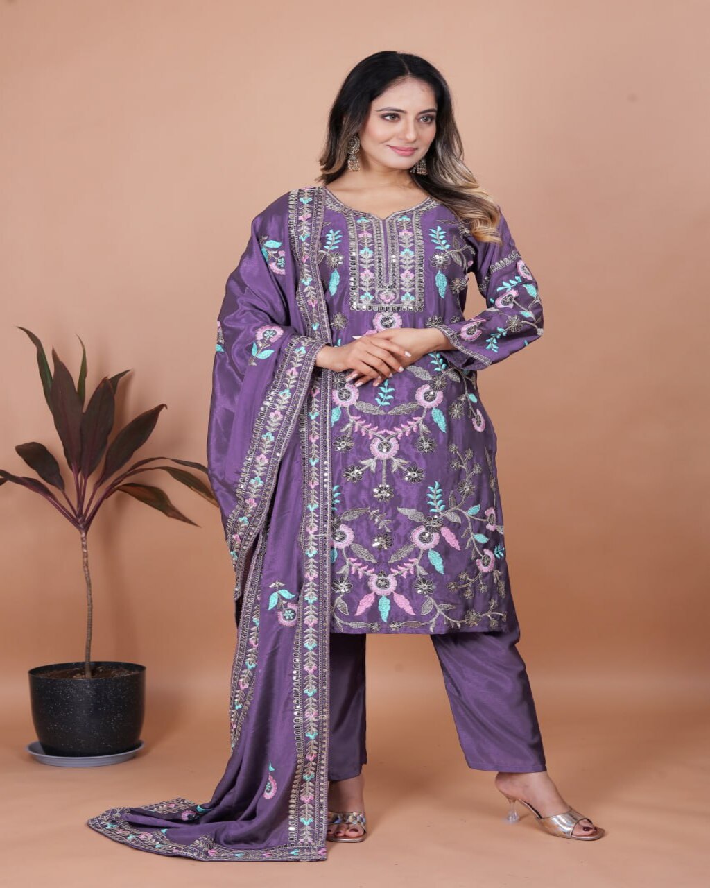 Elegant Designer Purple Embroidered Chinon Suit for women, party and festive style