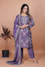 Designer Purple Embroidered Chinon Suit with Dupatta