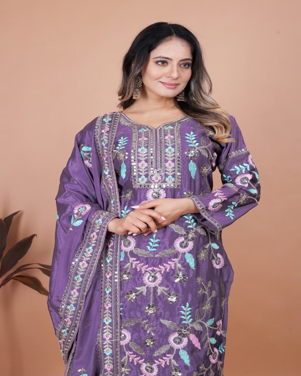 Stylish Purple Embroidered Chinon Suit Set for Women, designer ethnic wear outfit