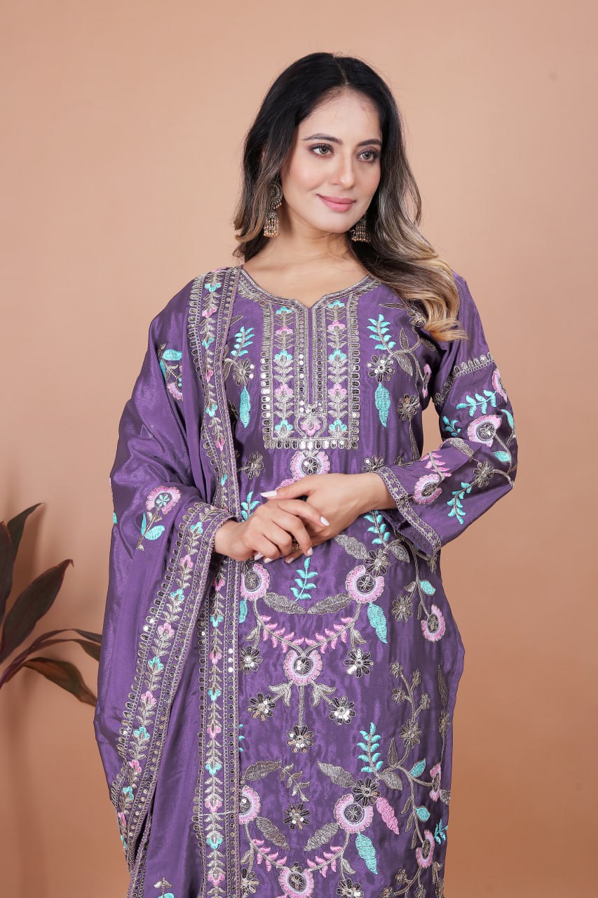 Designer Purple Embroidered Chinon Suit with Dupatta