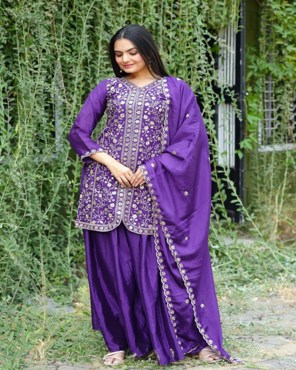 Elegant Purple Chinon Sharara Suit with embroidery, perfect for festive wear