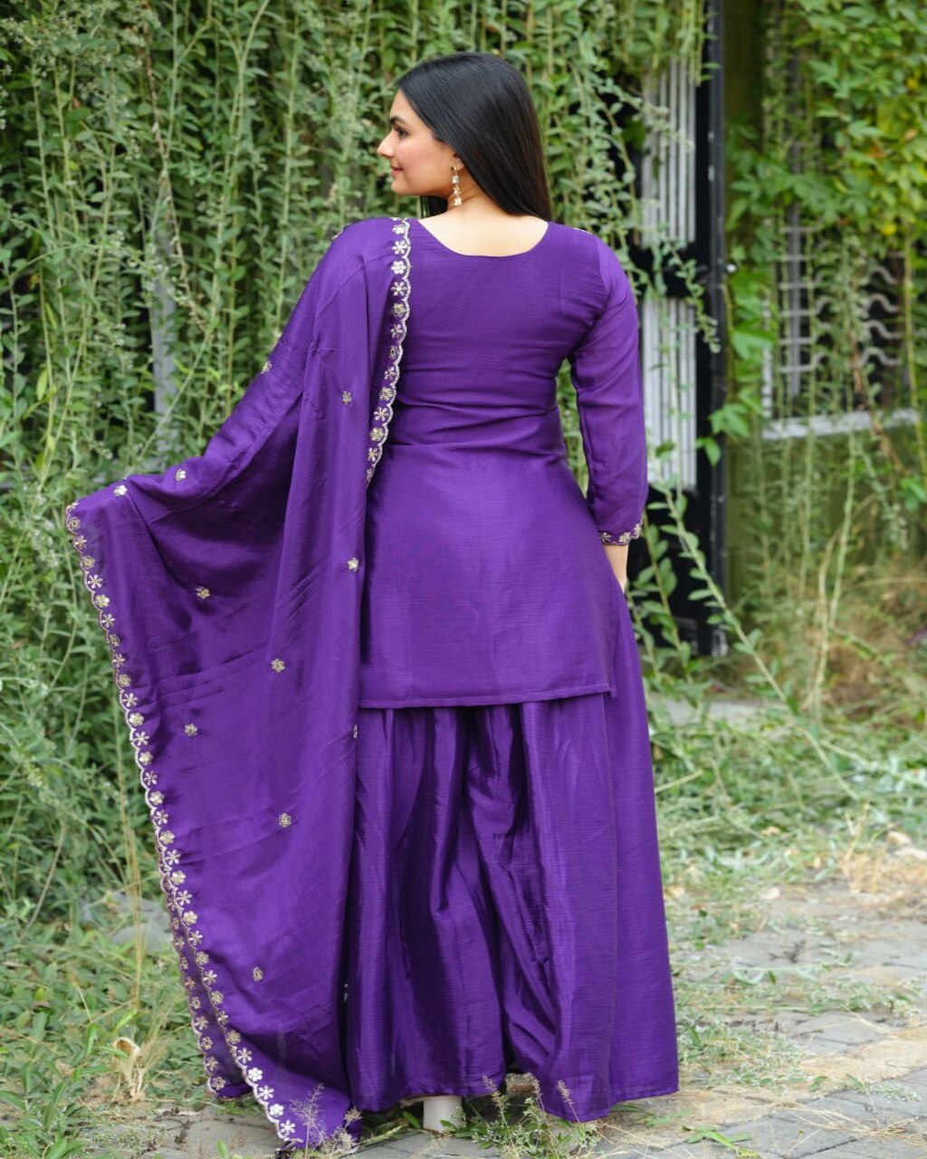 Stylish Purple Chinon Sharara Suit Set with sequence embroidery and soft inner