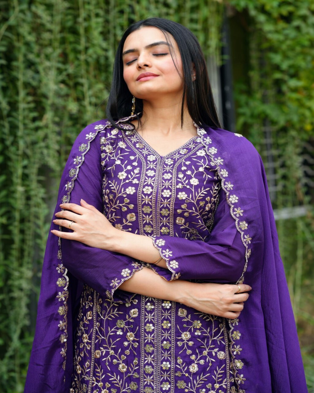 Designer Purple Chinon Sharara Suit Set for weddings, parties, and celebrations