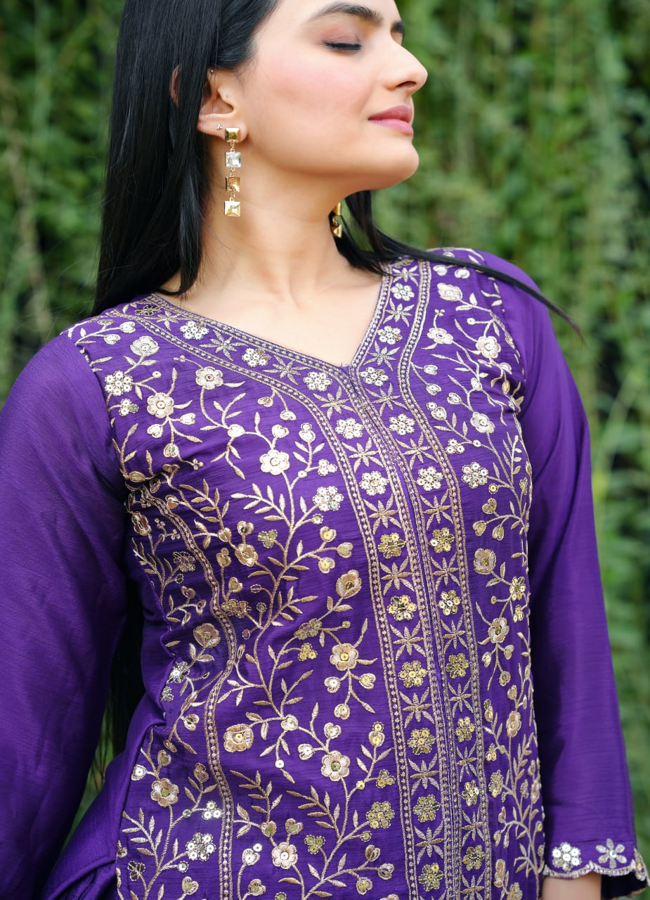 Festive Wear Purple Chinon Sharara Suit with Dupatta