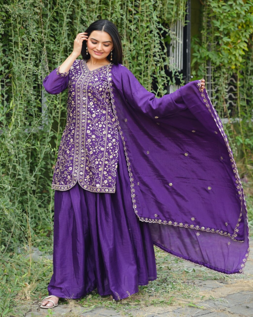 Festive Wear Purple Embroidered Chinon Sharara Suit with matching dupatta