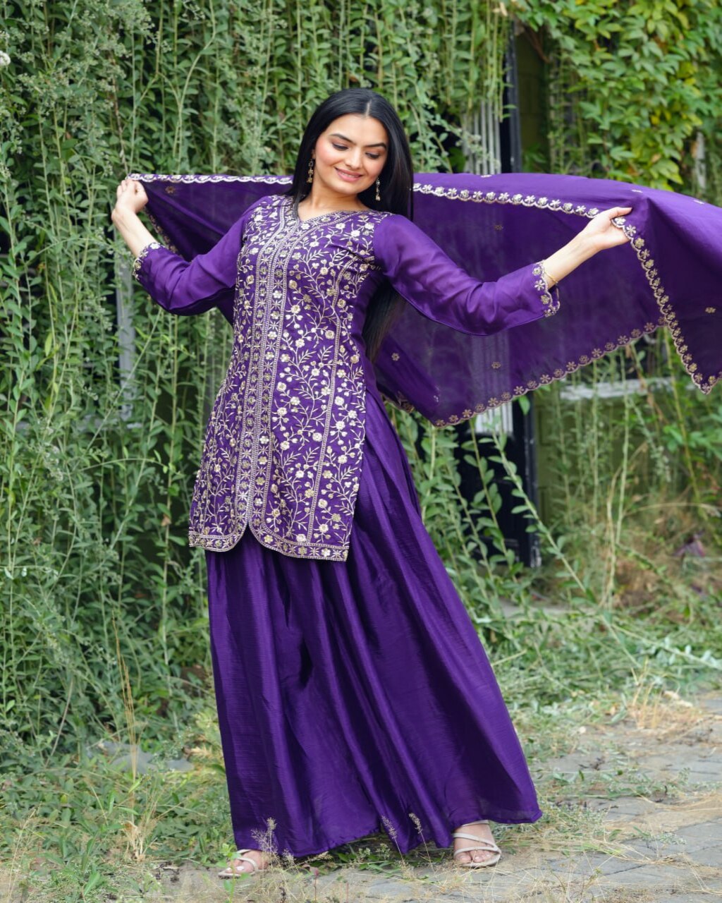 Traditional Purple Chinon Sharara Suit with embroidery, stitched for comfort