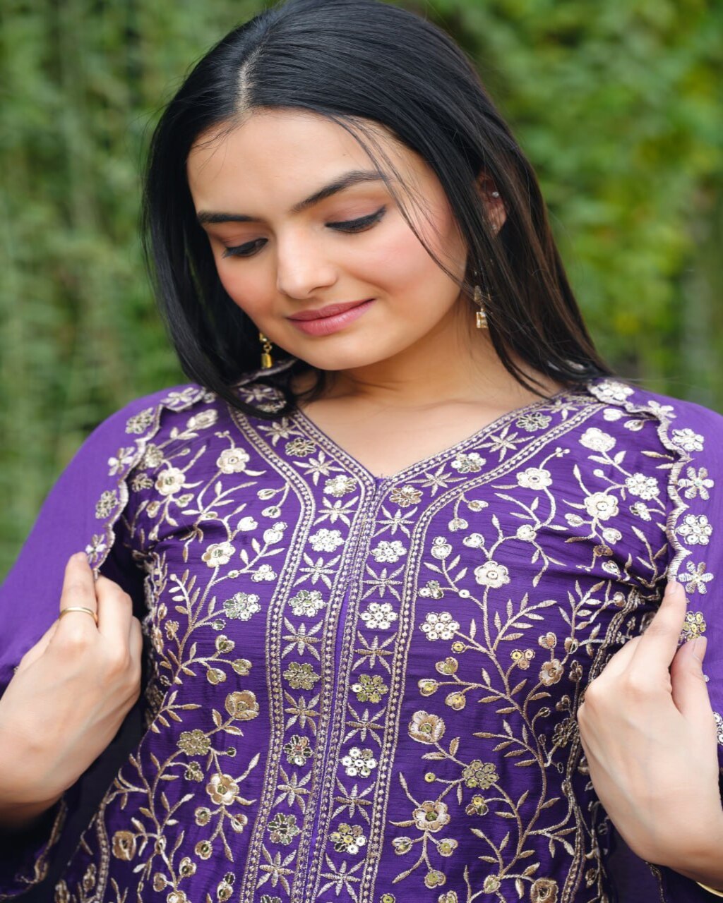 Purple Designer Chinon Sharara Suit Set with embroidered dupatta for parties