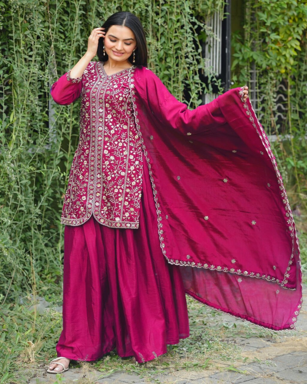 Pink Chinon Sharara Suit Set with sequence embroidery and dupatta for festive wear