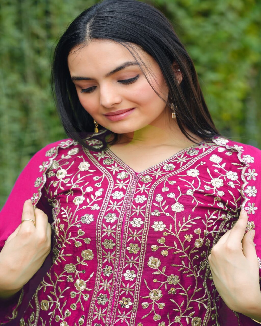 Designer Pink Chinon Sharara Suit Set with embroidery, sharara bottom, and dupatta