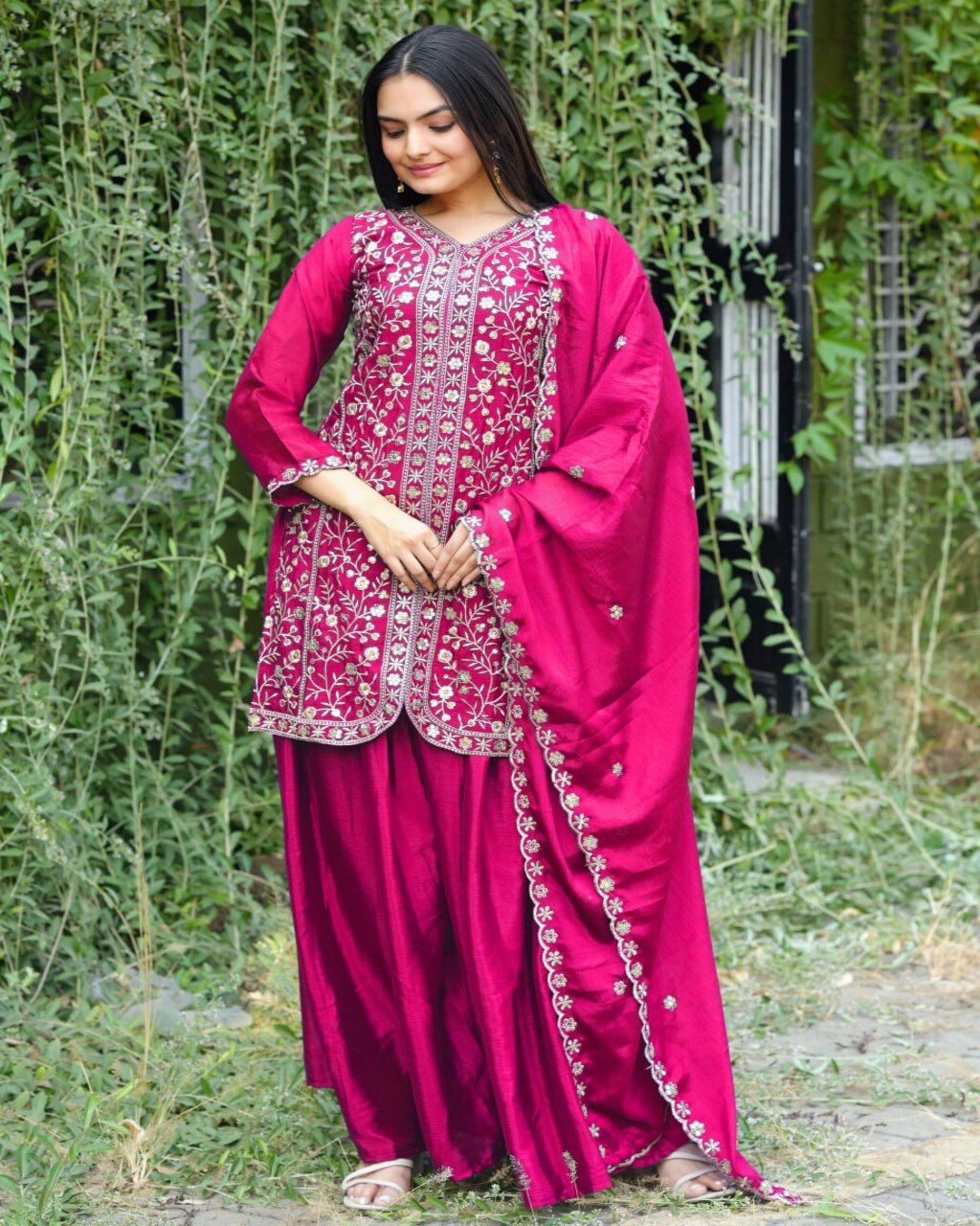 Elegant Pink Chinon Sharara Suit Set crafted in chinon fabric with festive embroidery