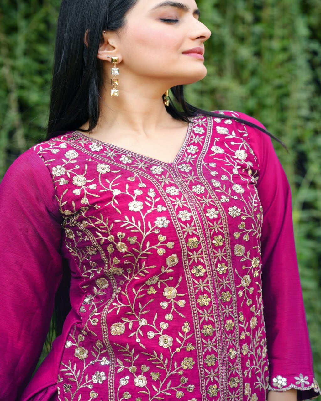 Stylish Pink Chinon Sharara Suit Set featuring embroidery work and matching dupatta