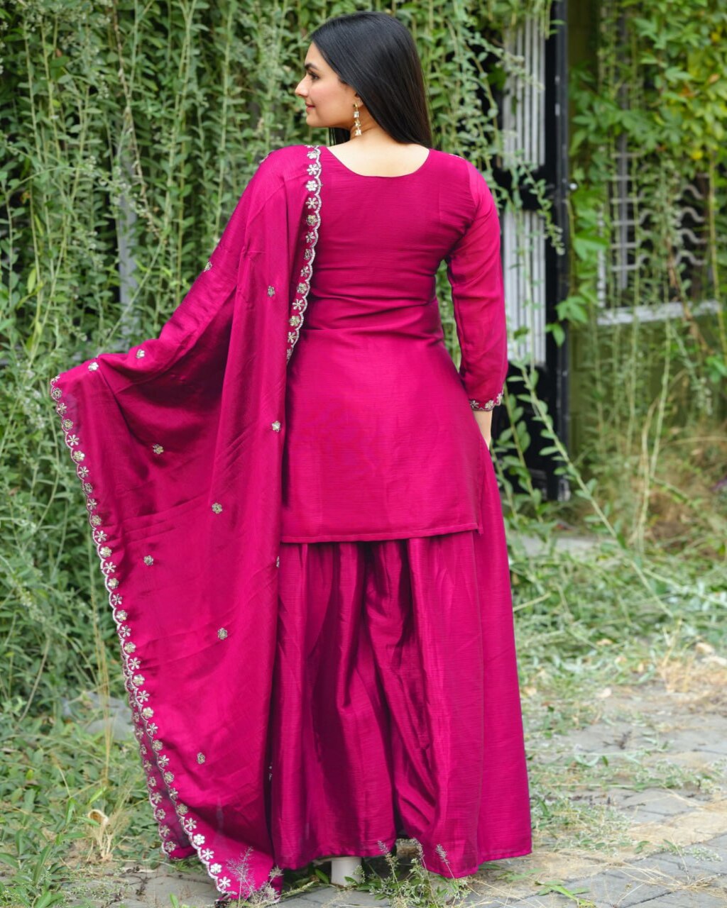Pink Chinon Embroidered Sharara Suit Set with dupatta, perfect for weddings and parties