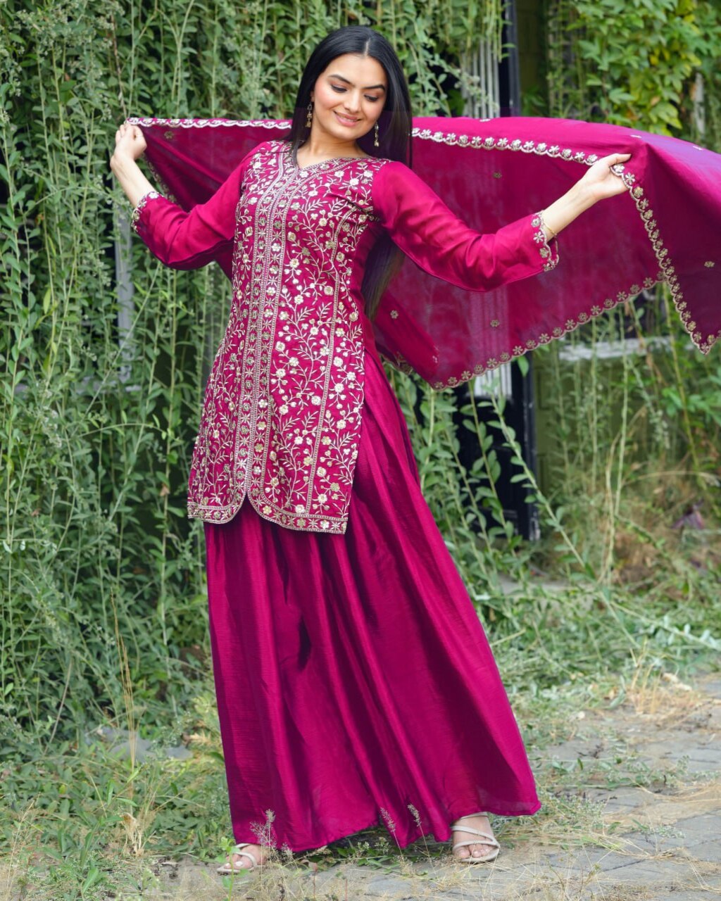 Premium Pink Chinon Sharara Suit Set designed with embroidery and festive elegance
