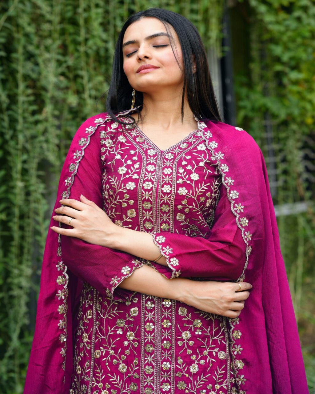 Party Wear Pink Chinon Sharara Suit Set with chinon fabric and sequence embroidery