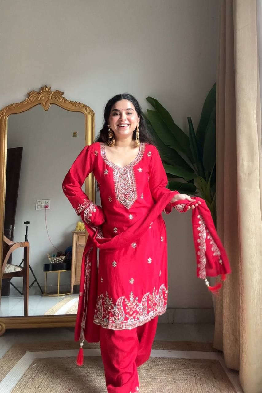 Elegant Red Chinon suit set with hand work embroidery, perfect designer wedding outfit