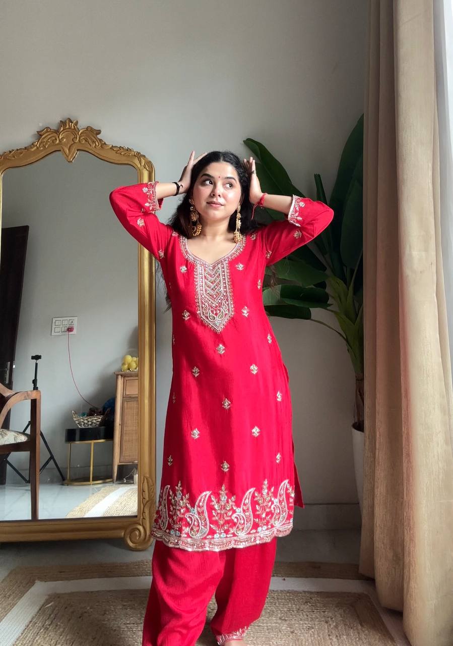 Stylish Red Chinon embroidered suit set for women, festive and wedding wear outfit