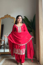 Premium Red Chinon hand work embroidery suit set, party wear and wedding outfit