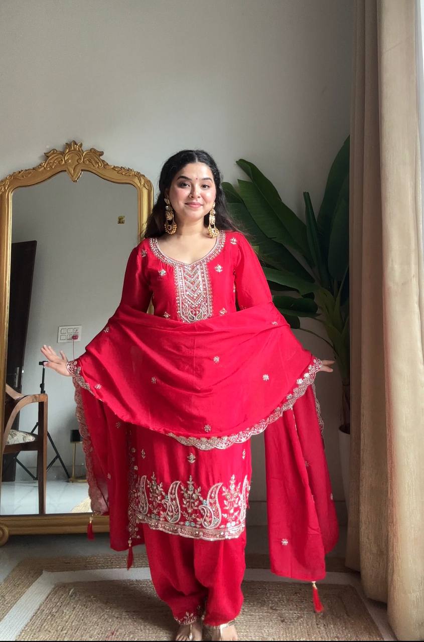 Premium Red Chinon hand work embroidery suit set, party wear and wedding outfit