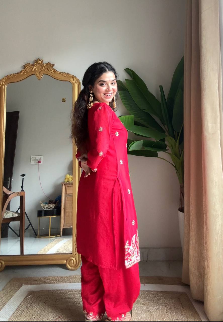 Red Chinon designer suit set with embroidery, elegant festive and occasion wear dress