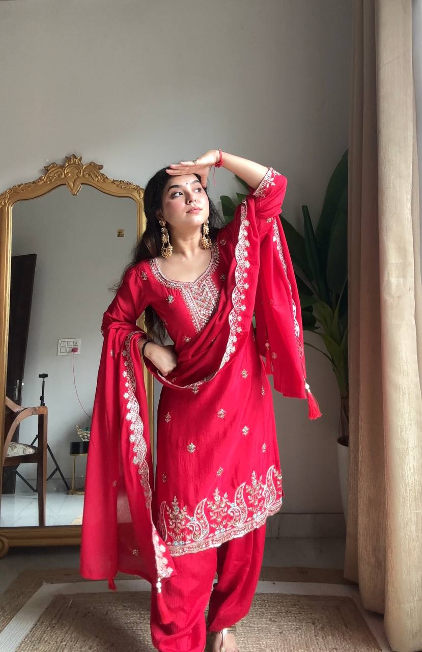Trendy Red Chinon suit set outfit with hand embroidery, perfect for wedding functions