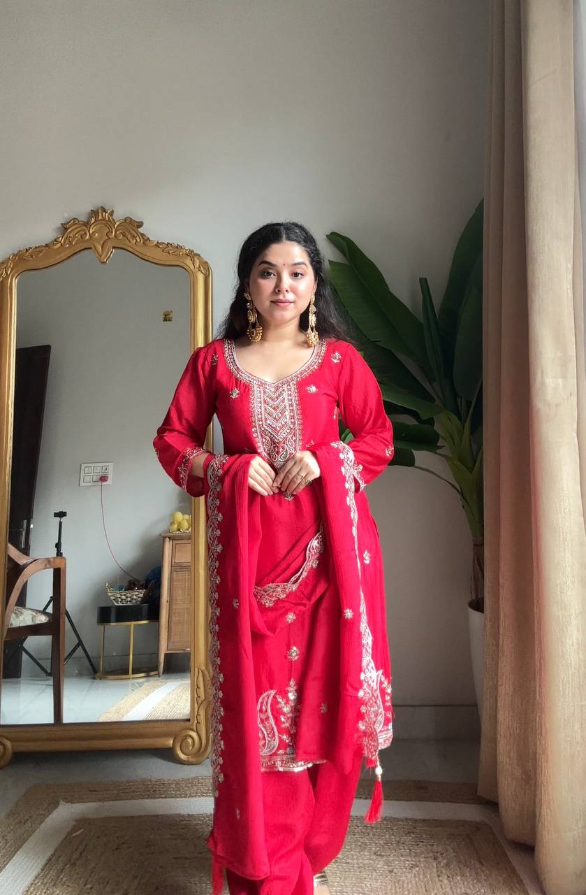 Red Chinon embroidered suit set for women, stylish festive and traditional wear outfit