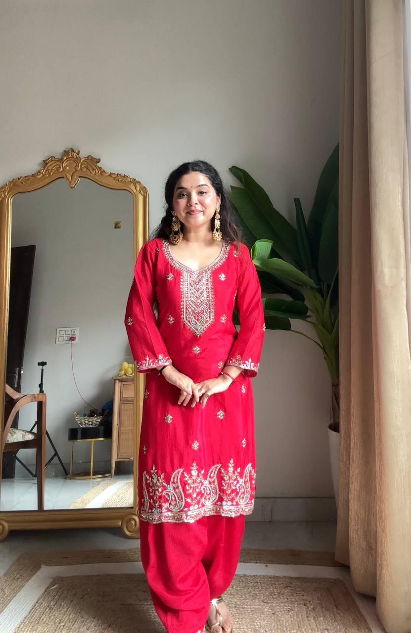 Designer Red Chinon suit set outfit with hand work embroidery, wedding wear collection