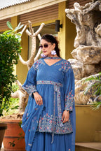 Premium Sky Blue Embroidered Kurti with Plazzo Suit, perfect ethnic wear for occasions