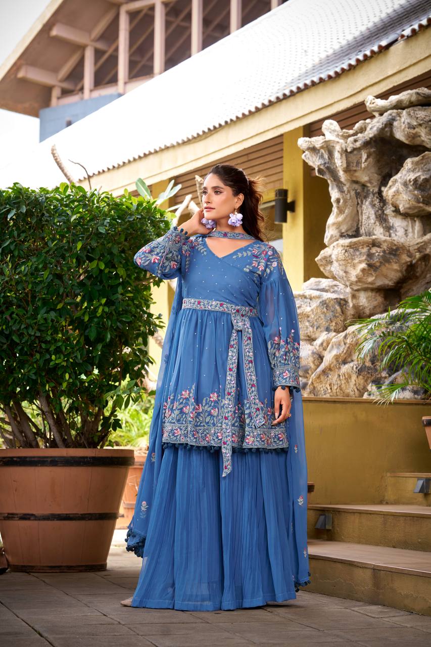 Designer Sky Blue Embroidered Kurti with Plazzo Set, festive georgette outfit for women