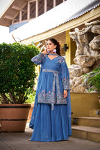 Designer Sky Blue Embroidered Kurti with Plazzo Set, festive georgette outfit for women