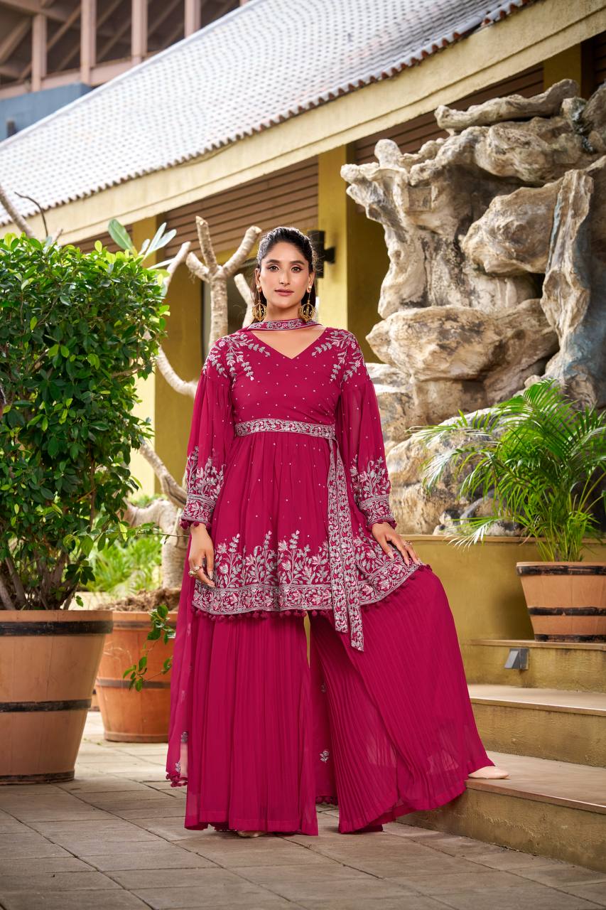 Stylish Pink Georgette Embroidered Kurti Plazzo Set for weddings and festive wear