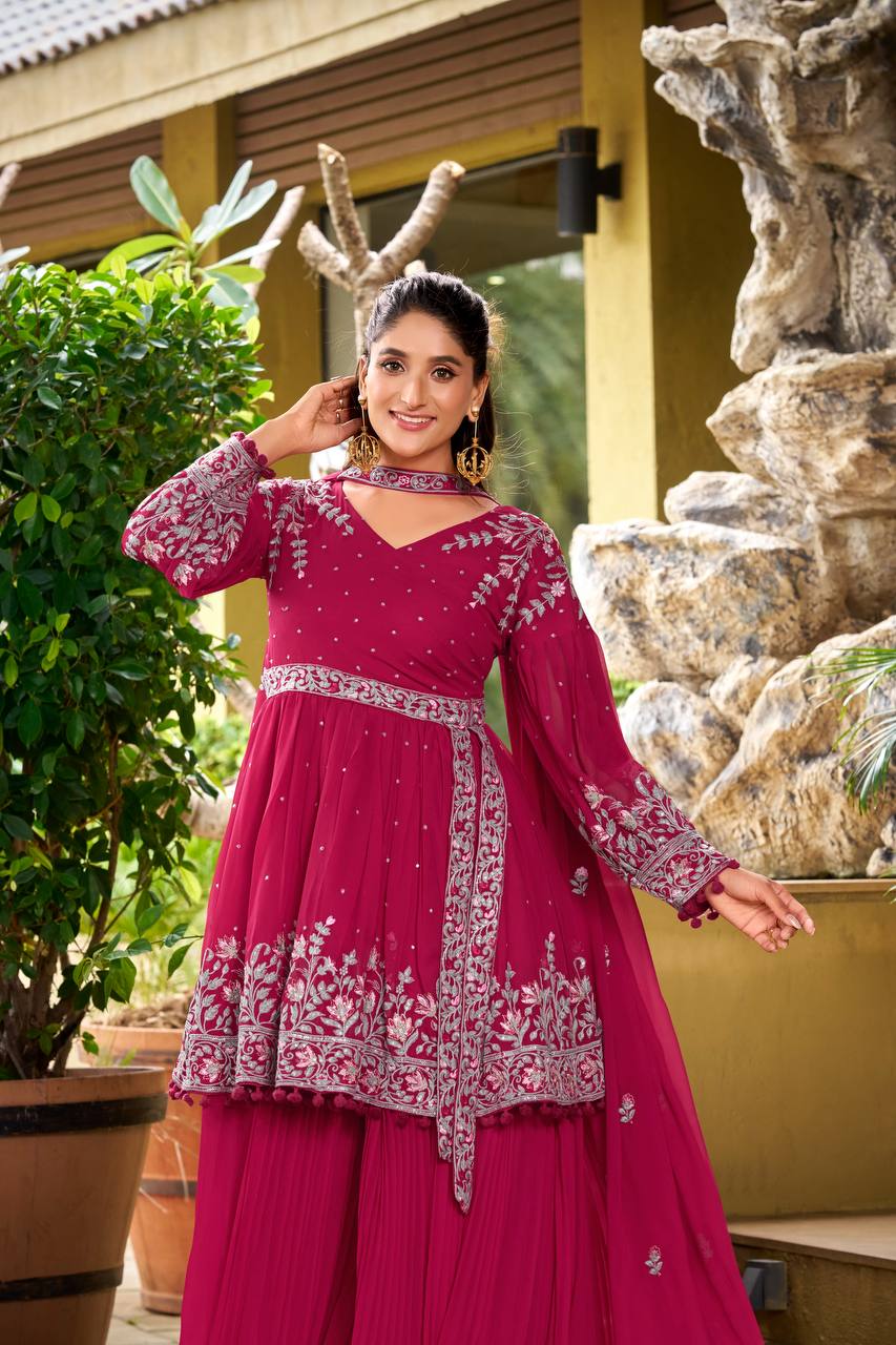 Elegant Pink Georgette Kurti Plazzo Set, perfect party and wedding outfit