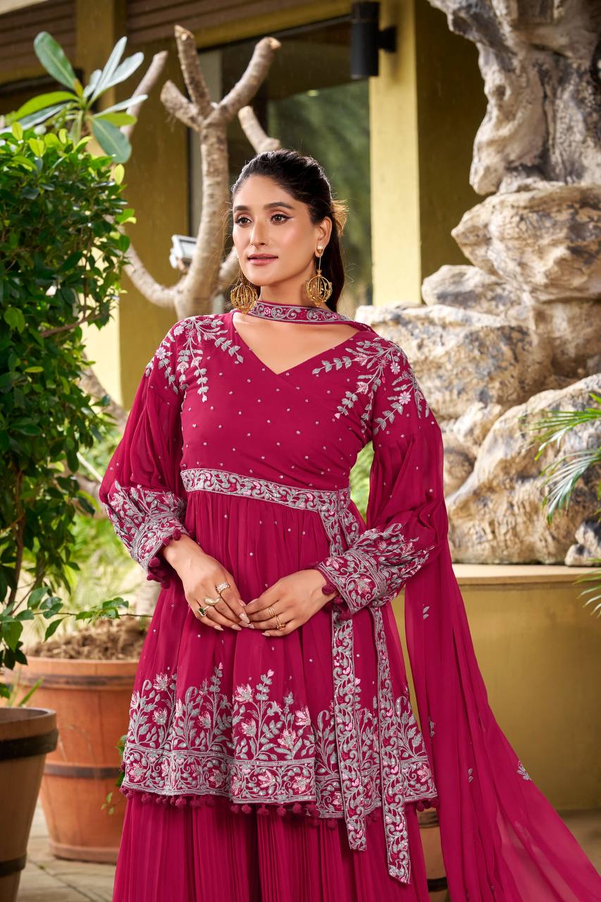 Designer Pink Embroidered Georgette Kurti with Plazzo, festive ethnic style