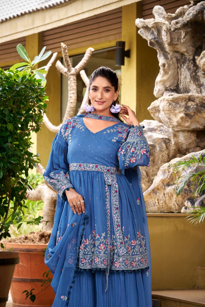 Stylish Sky Blue Georgette Kurti Plazzo Dupatta Set, wedding and party wear collection