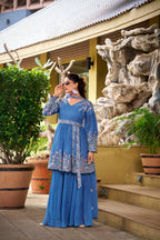 Traditional Sky Blue Georgette Kurti Plazzo Dupatta, designer festive wear for women