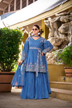 Elegant Sky Blue Embroidered Kurti and Plazzo Set, wedding special ethnic outfit style