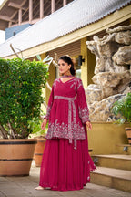 Premium Pink Georgette Kurti Plazzo Set, embroidered wedding and party attire