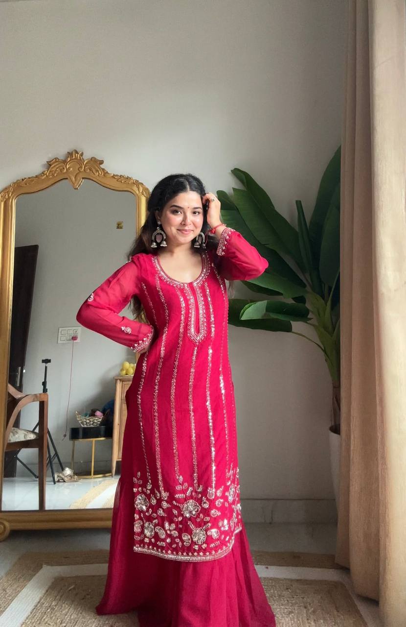 Red Hand Work Georgette Sharara Suit Set for women, embroidered wedding wear style