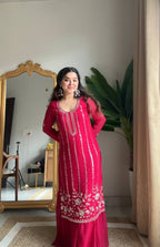 Elegant Red Georgette Hand Work Sharara Suit, designer embroidered party outfit