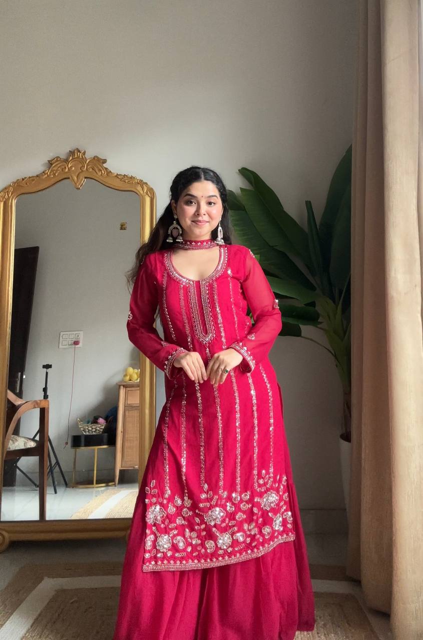 

Stylish Red Hand Work Georgette Sharara Suit Set, perfect for weddings and parties