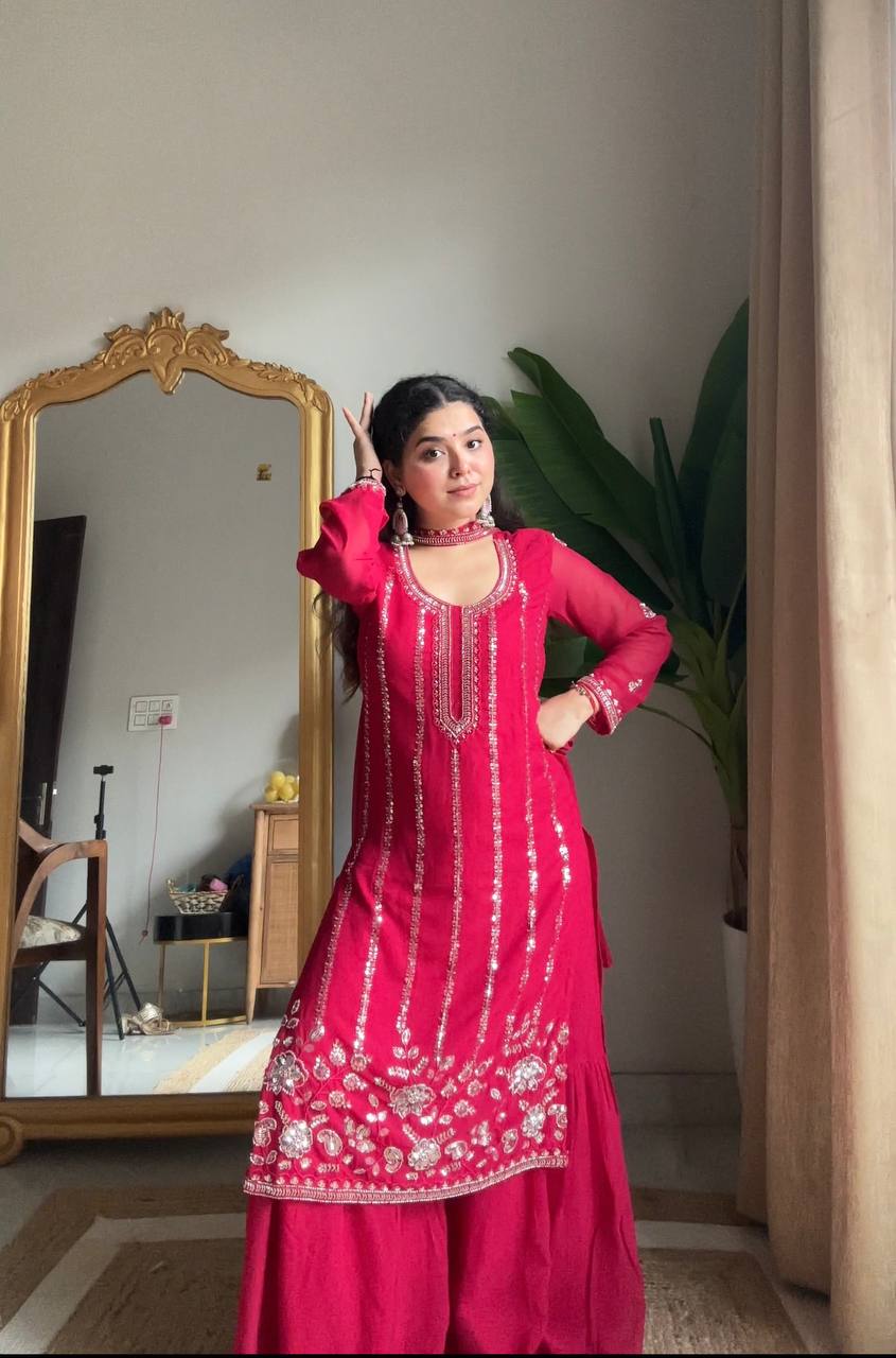 Red Embroidered Georgette Sharara Suit with dupatta, wedding festive wear set