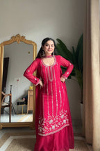 Designer Red Hand Work Georgette Sharara Suit Set, ethnic embroidered festive outfit