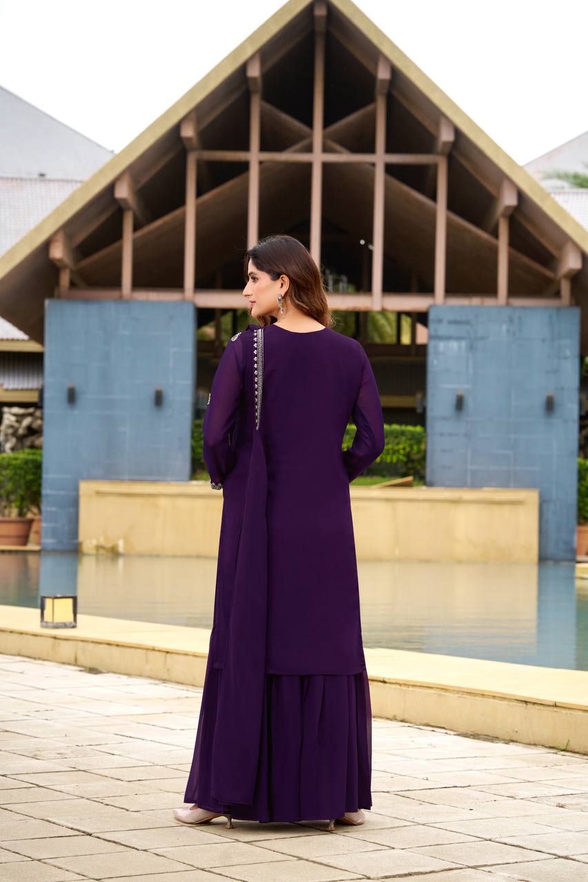 Premium Purple Georgette Hand Work Sharara Suit Set Ideal Wedding Outfit