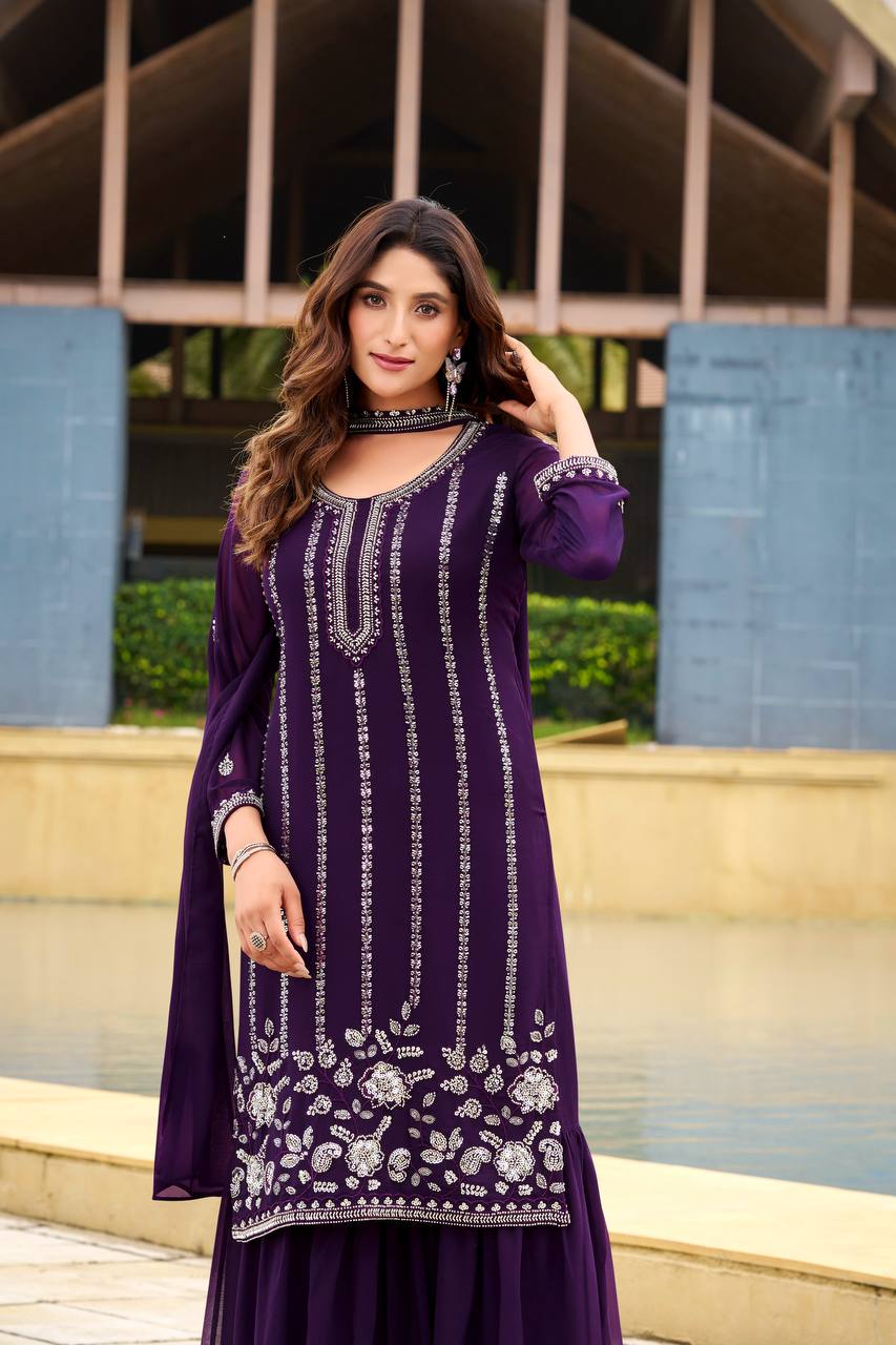 Elegant Purple Georgette Sharara Suit Set Outfit Perfect for Weddings and Parties
