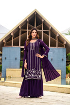 Designer Purple Georgette Sharara Suit Set with Hand Work Embroidery for Wedding