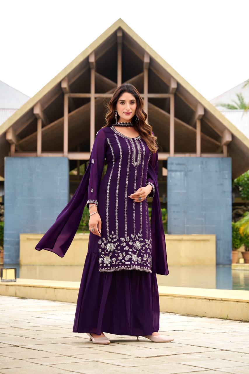 Traditional Purple Georgette Sharara Suit Set for Women Perfect Wedding Dress