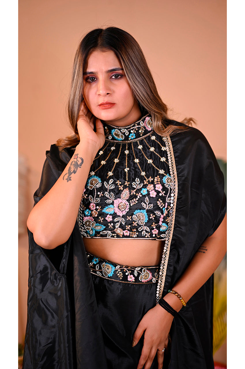 Black indo western lehenga set blouse detail close up designer festive and wedding wear outfit