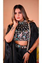 Black indo western lehenga set blouse detail close up designer festive and wedding wear outfit