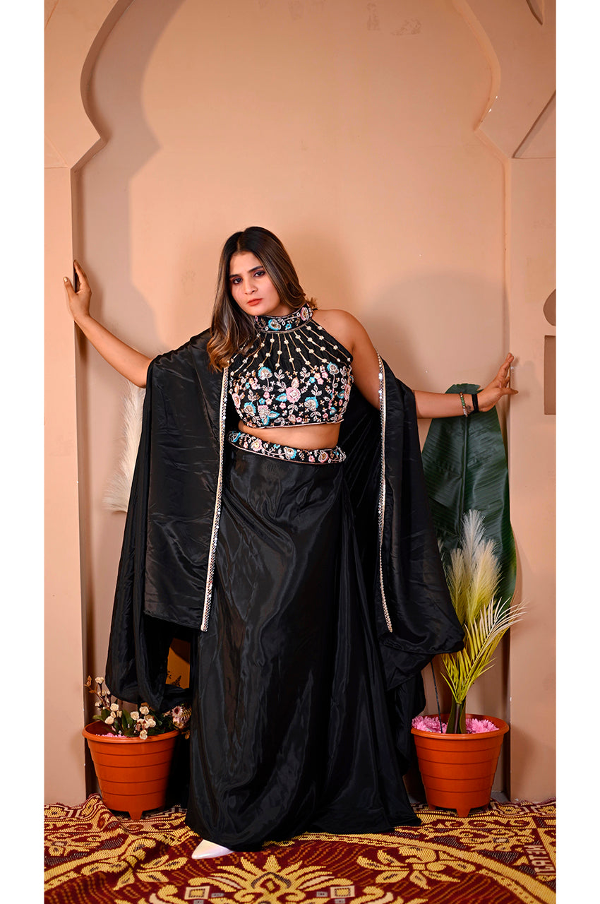 Black indo western lehenga set front view for women stylish wedding and festive party wear outfit