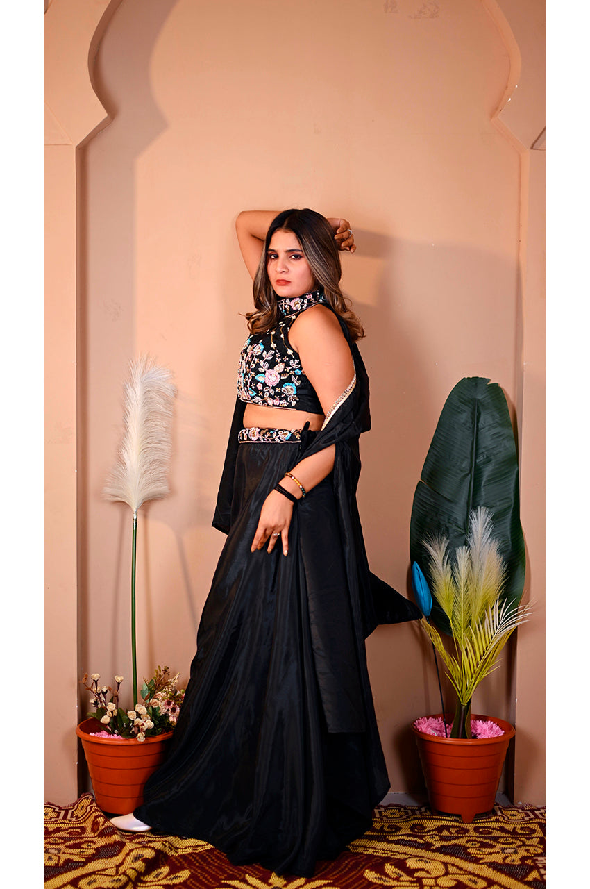 Black indo western lehenga set side look trendy ethnic wedding and party wear outfit for women