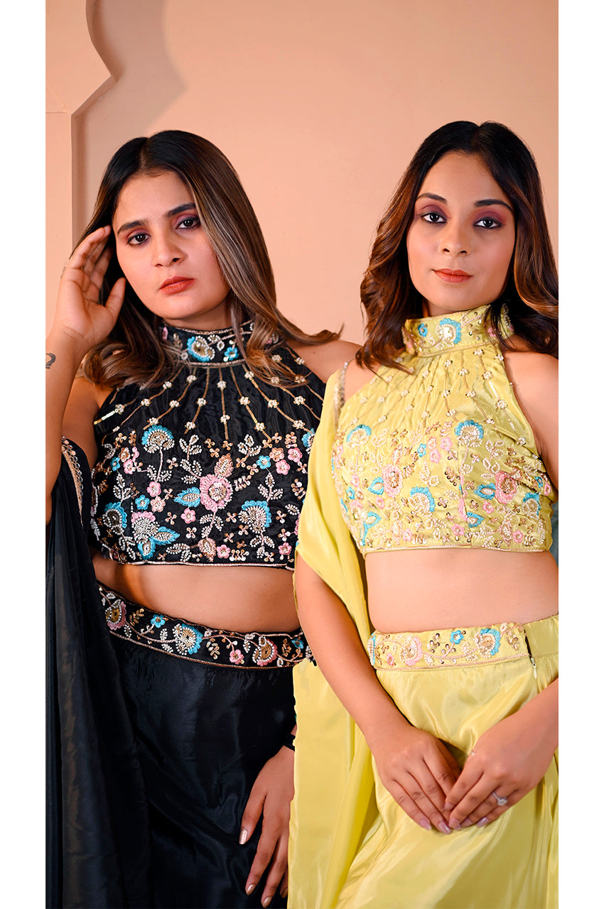 Parrot indo western lehenga set blouse detail with beads work designer ethnic wear for women